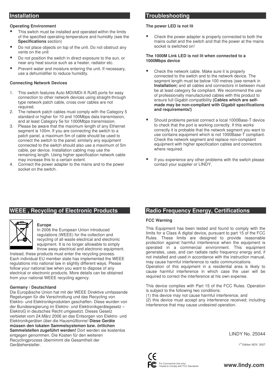 Installation, Troubleshooting, Weee , recycling of electronic products | Radio frequency energy, certifications | Lindy 25044 User Manual | Page 2 / 2