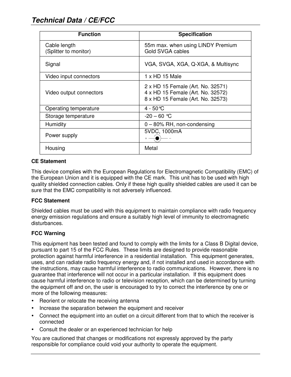 Technical data / ce/fcc | Lindy 32573 User Manual | Page 7 / 8