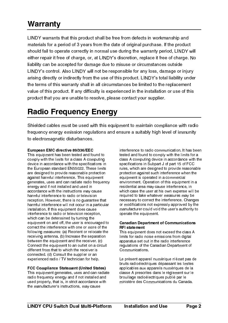Warranty, Radio frequency energy | Lindy 32354 User Manual | Page 3 / 81