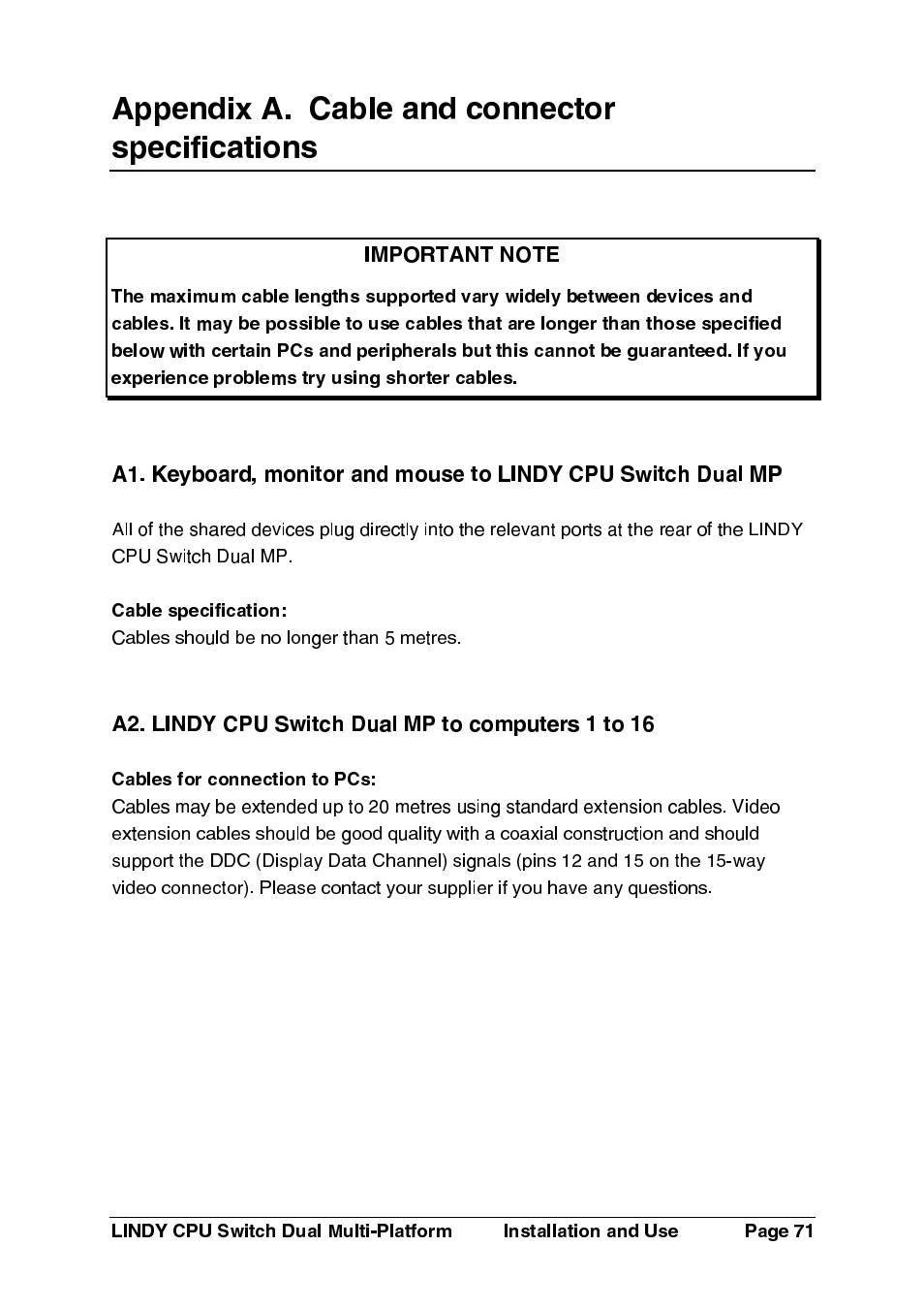 A2. lindy cpu switch dual mp to computers 1 to 16, Appendix a. cable and connector specifications | Lindy 32354 User Manual | Page 72 / 81