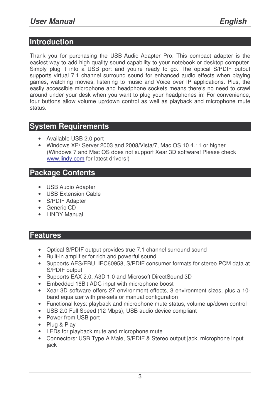 User manual english, Introduction, System requirements | Package contents, Features | Lindy 42775 User Manual | Page 3 / 8