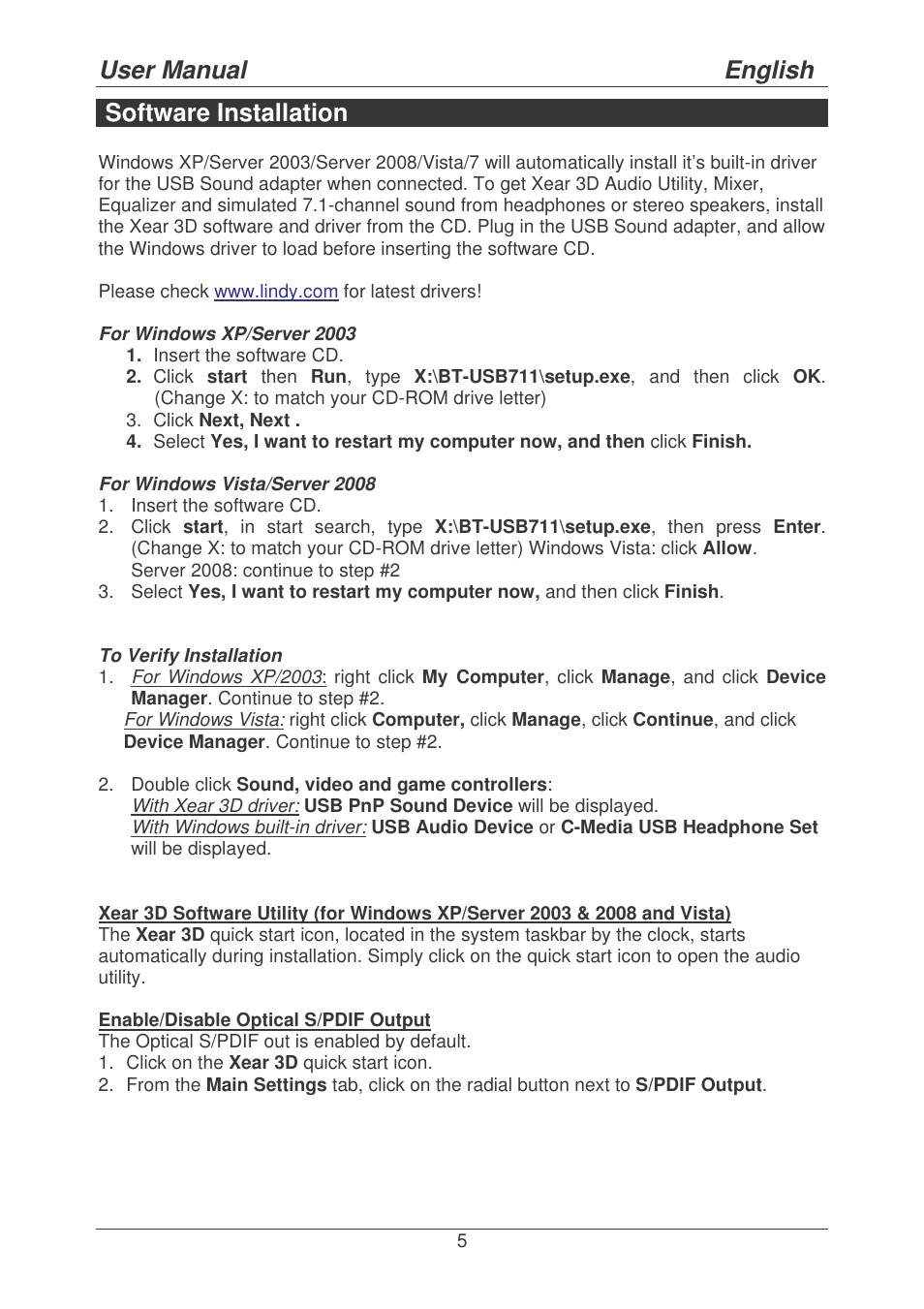User manual english, Software installation | Lindy 42775 User Manual | Page 5 / 8