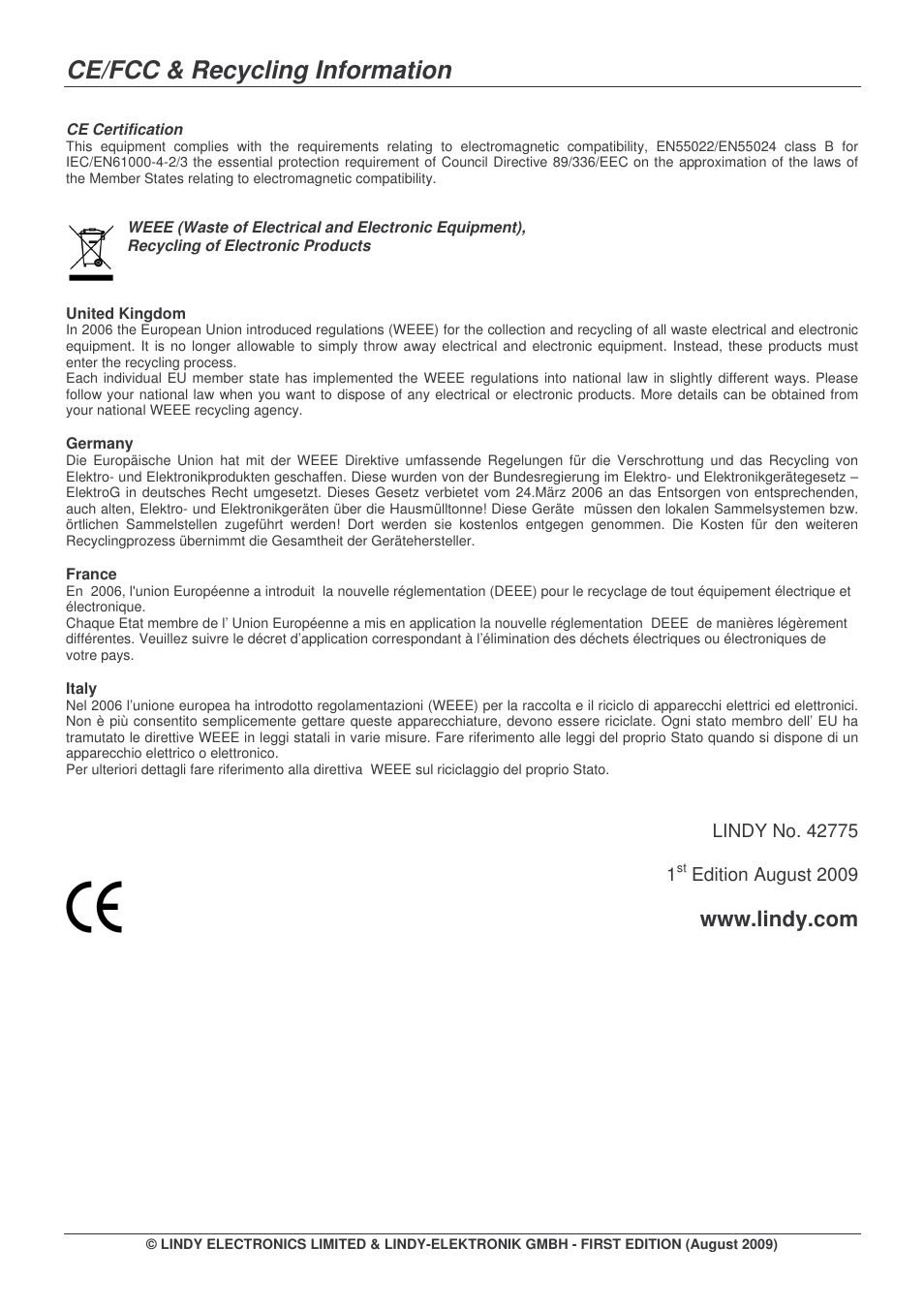 Ce/fcc & recycling information | Lindy 42775 User Manual | Page 8 / 8