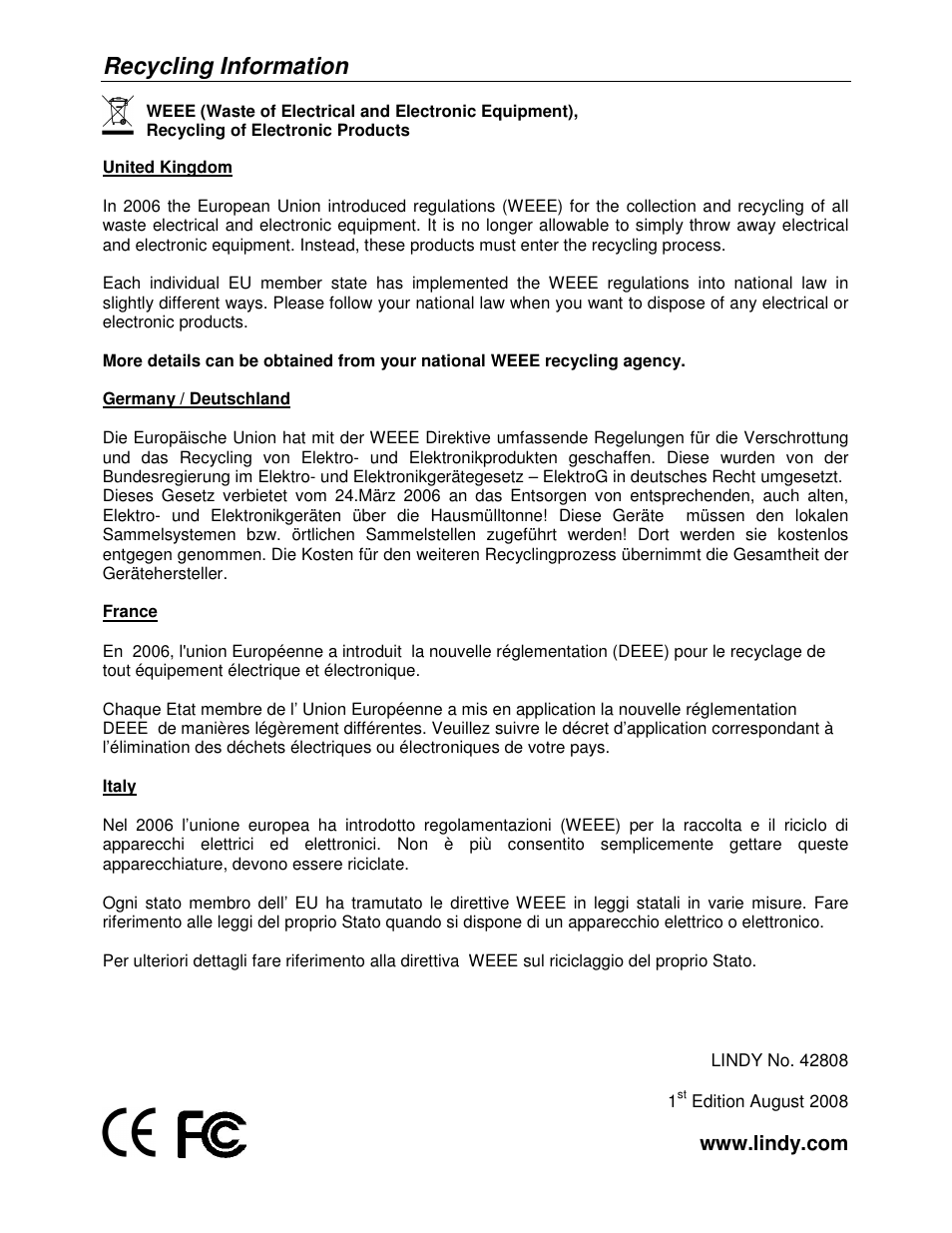 Recycling information | Lindy Mini NAS Enclosure SATA & IDE 42808 User Manual | Page 24 / 24