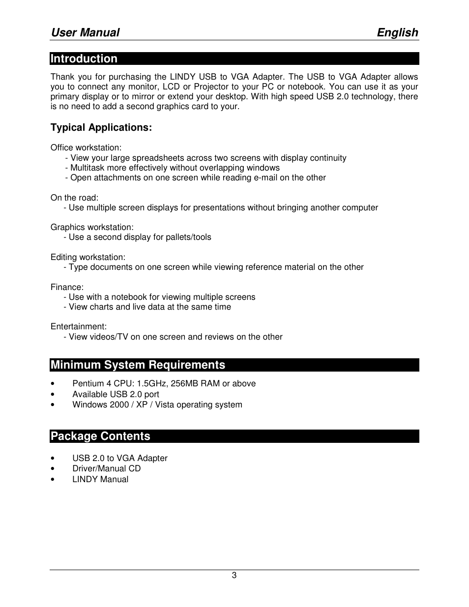 User manual english, Introduction, Minimum system requirements | Package contents | Lindy USB to VGA Adapter 42983 User Manual | Page 3 / 8