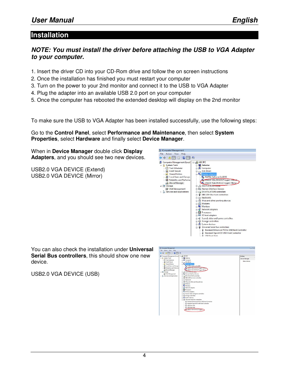 User manual english, Installation | Lindy USB to VGA Adapter 42983 User Manual | Page 4 / 8
