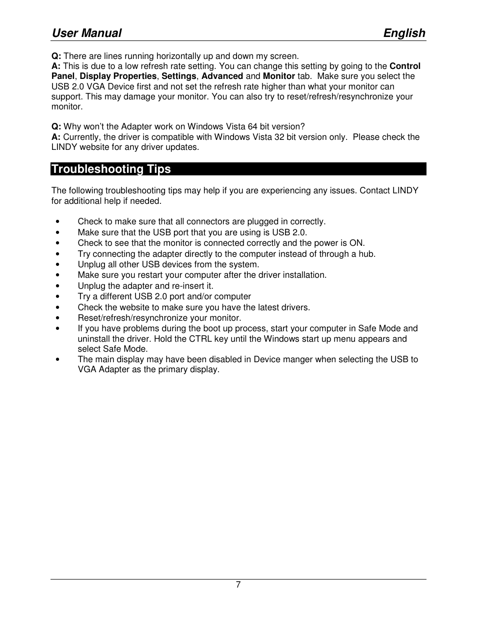 User manual english, Troubleshooting tips | Lindy USB to VGA Adapter 42983 User Manual | Page 7 / 8