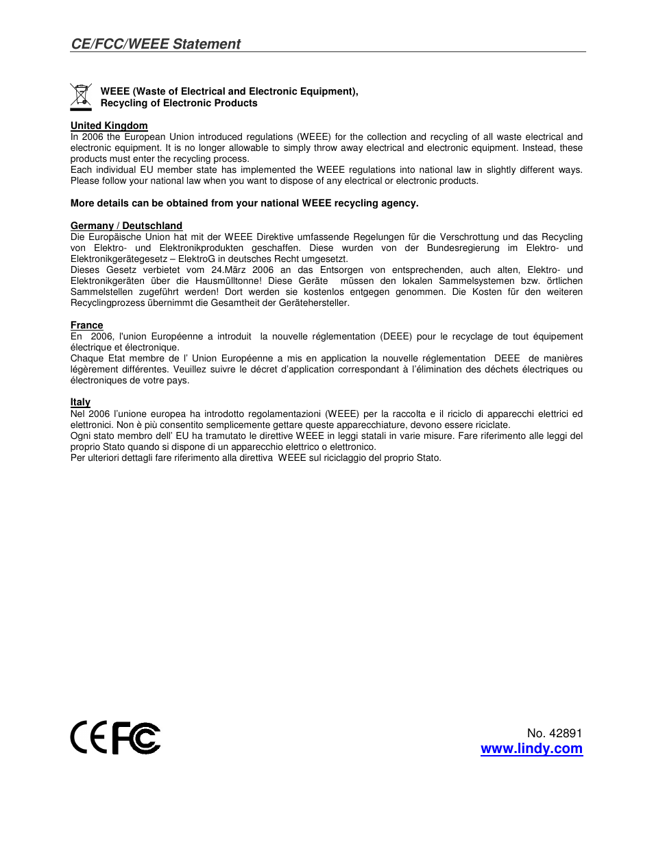 Ce/fcc/weee statement | Lindy 42891 User Manual | Page 4 / 4