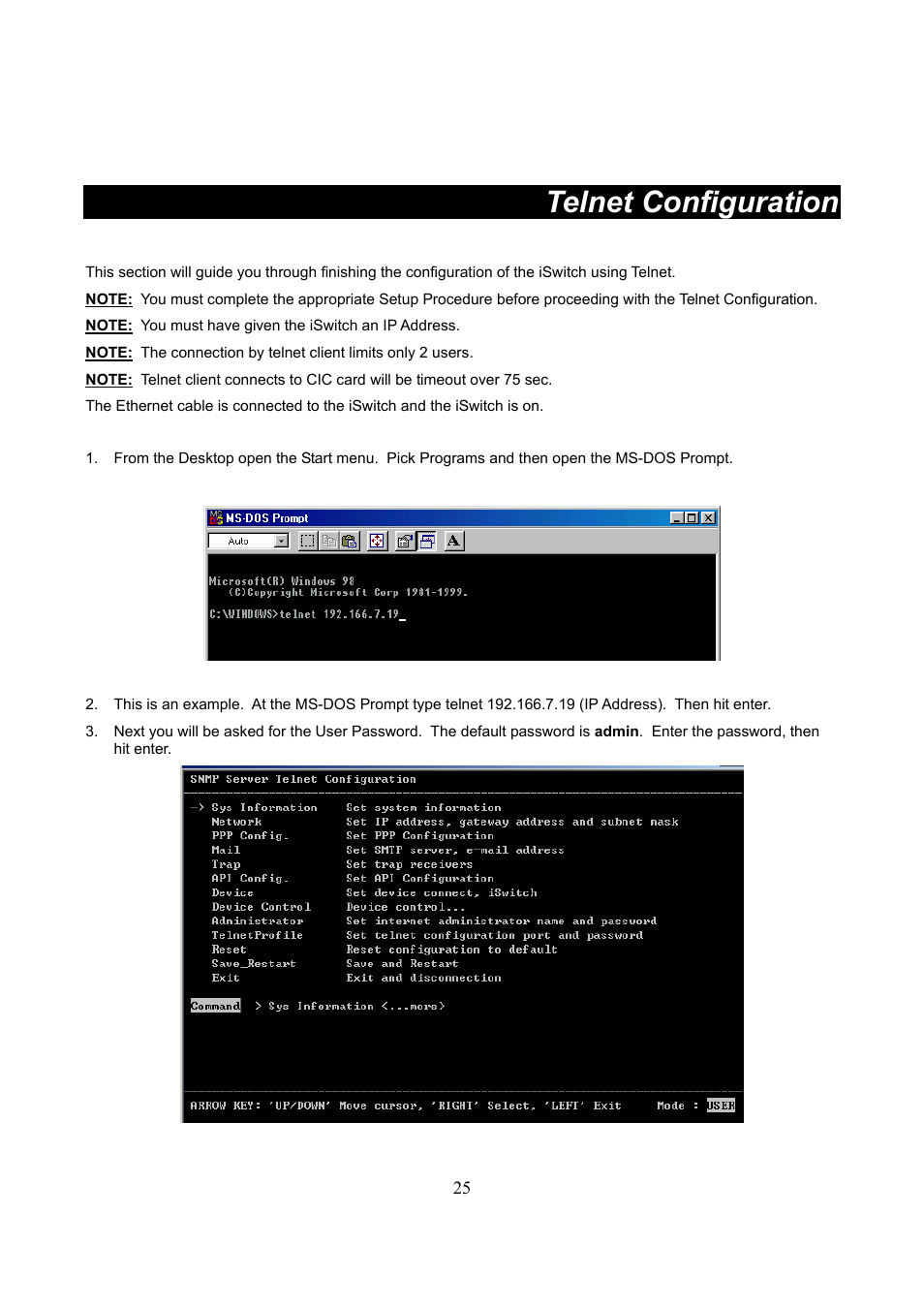 Telnet configuration | Lindy iSWITCH User Manual | Page 25 / 52