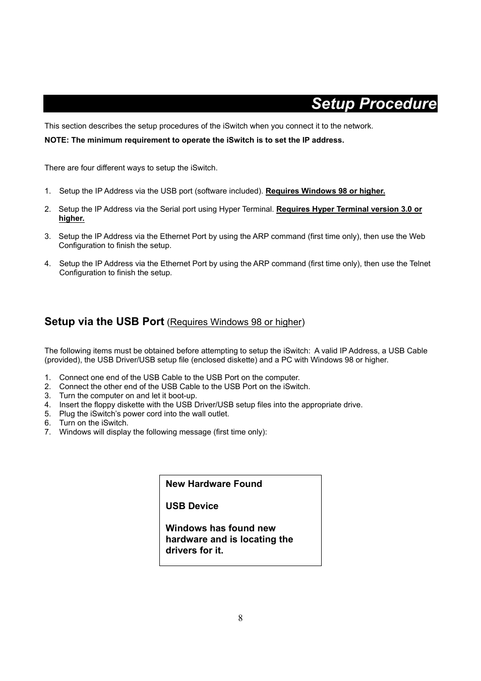 Setup procedure, Setup via the usb port | Lindy iSWITCH User Manual | Page 8 / 52