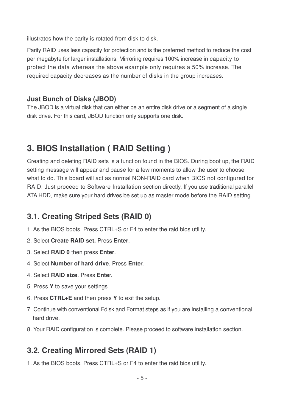 Bios installation ( raid setting ), Creating striped sets (raid 0), Creating mirrored sets (raid 1) | Lindy 51127 User Manual | Page 5 / 10