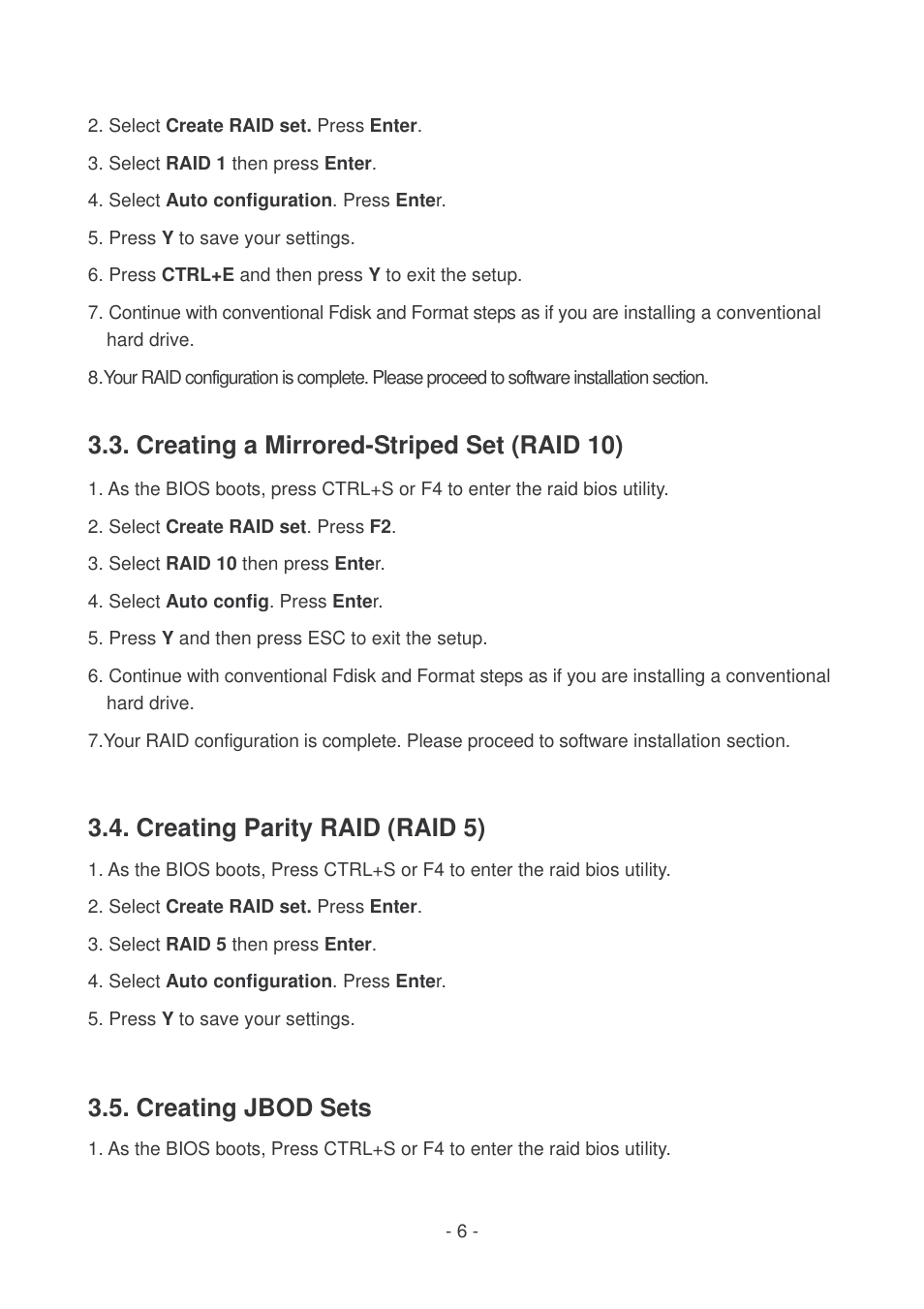 Creating a mirrored-striped set (raid 10), Creating parity raid (raid 5), Creating jbod sets | Lindy 51127 User Manual | Page 6 / 10