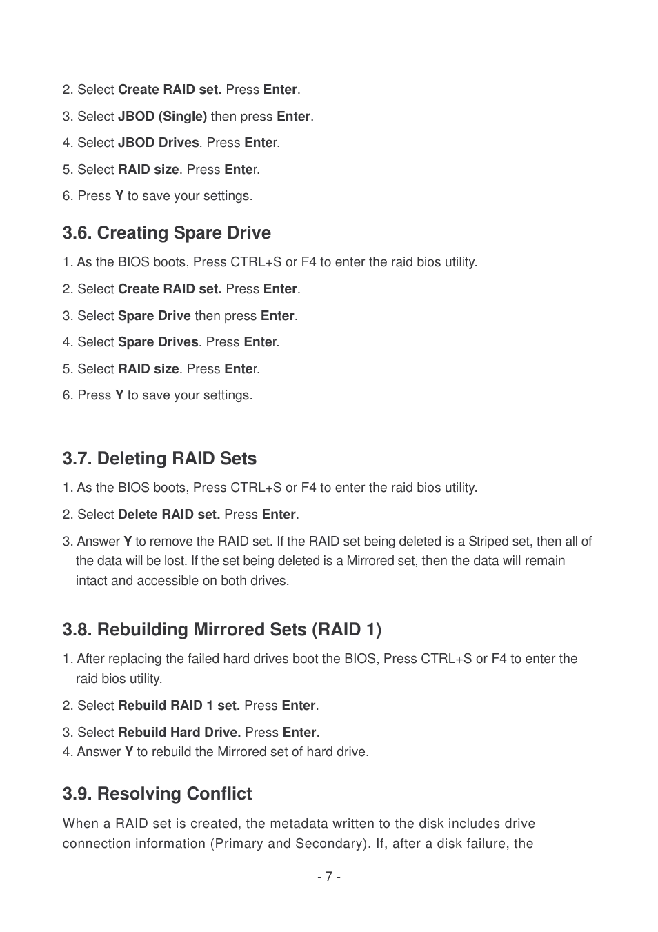 Creating spare drive, Deleting raid sets, Rebuilding mirrored sets (raid 1) | Resolving conflict | Lindy 51127 User Manual | Page 7 / 10