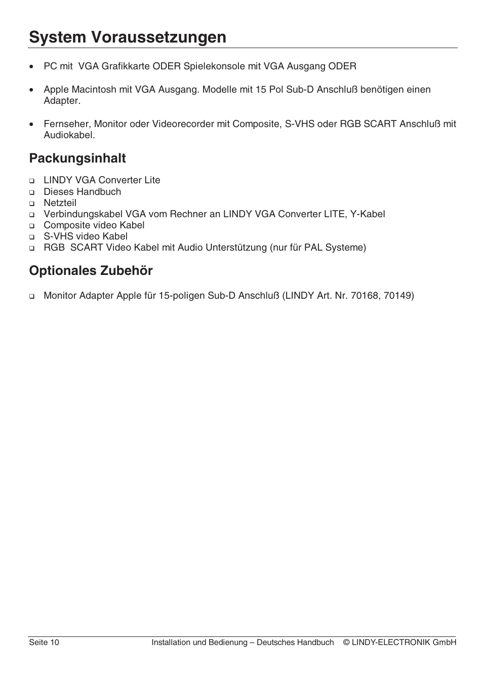 System voraussetzungen, Packungsinhalt, Optionales zubehör | Lindy 32565 User Manual | Page 14 / 29
