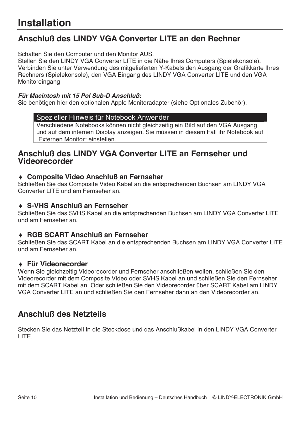 Installation, Anschluß des netzteils | Lindy 32565 User Manual | Page 16 / 29