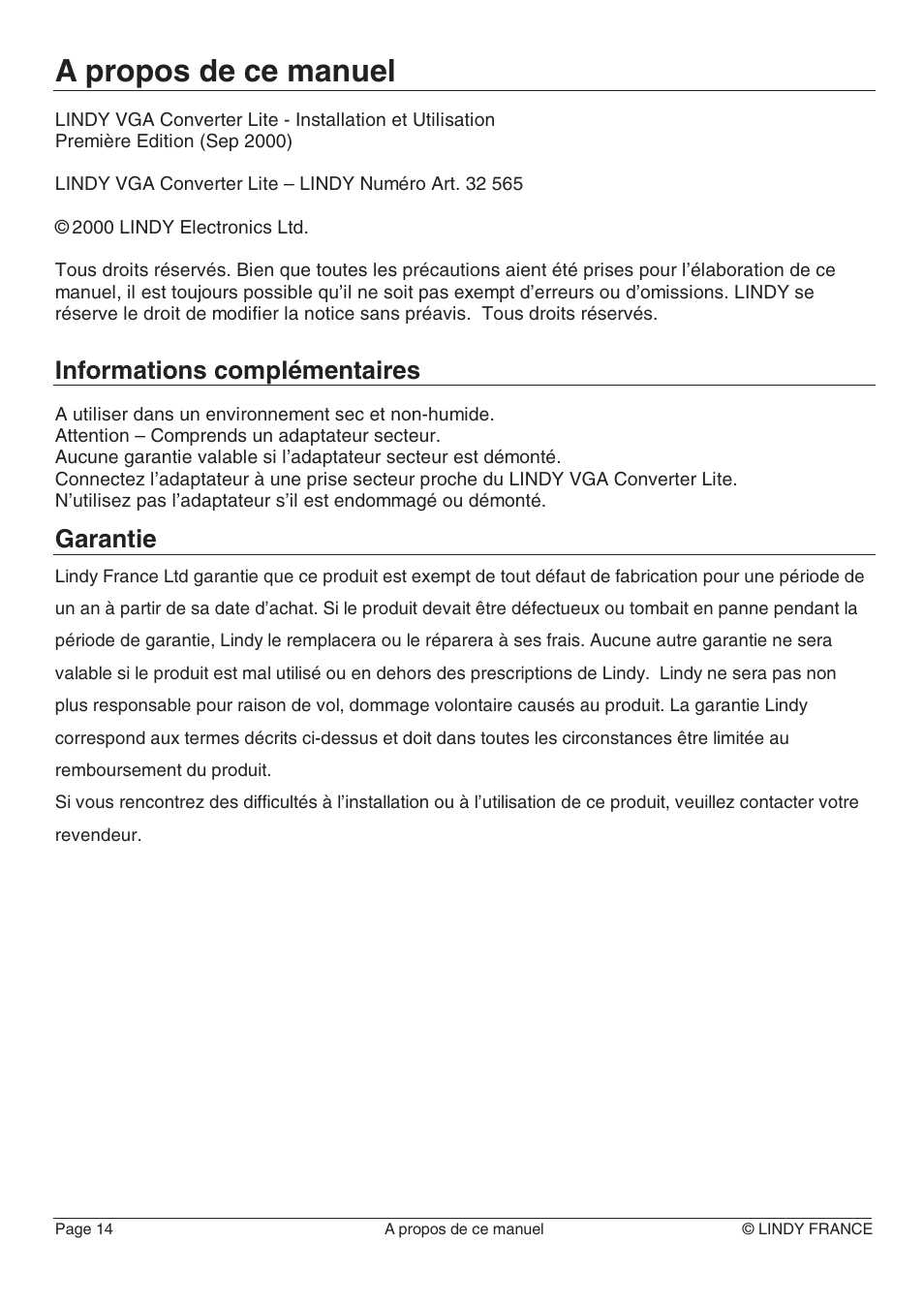 A propos de ce manuel, Informations complémentaires, Garantie | Lindy 32565 User Manual | Page 18 / 29