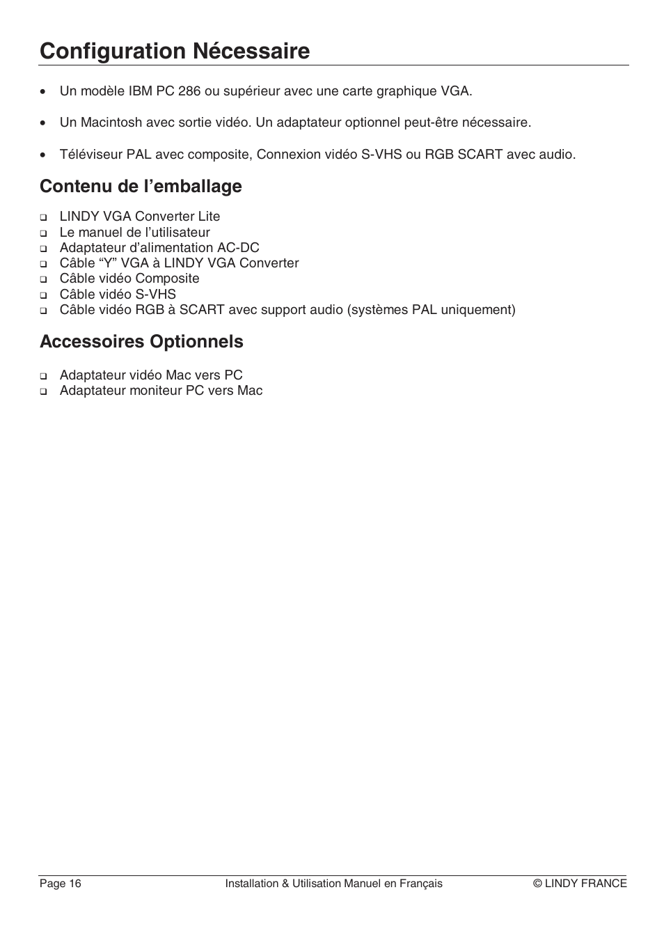 Configuration nécessaire, Contenu de l’emballage, Accessoires optionnels | Lindy 32565 User Manual | Page 20 / 29