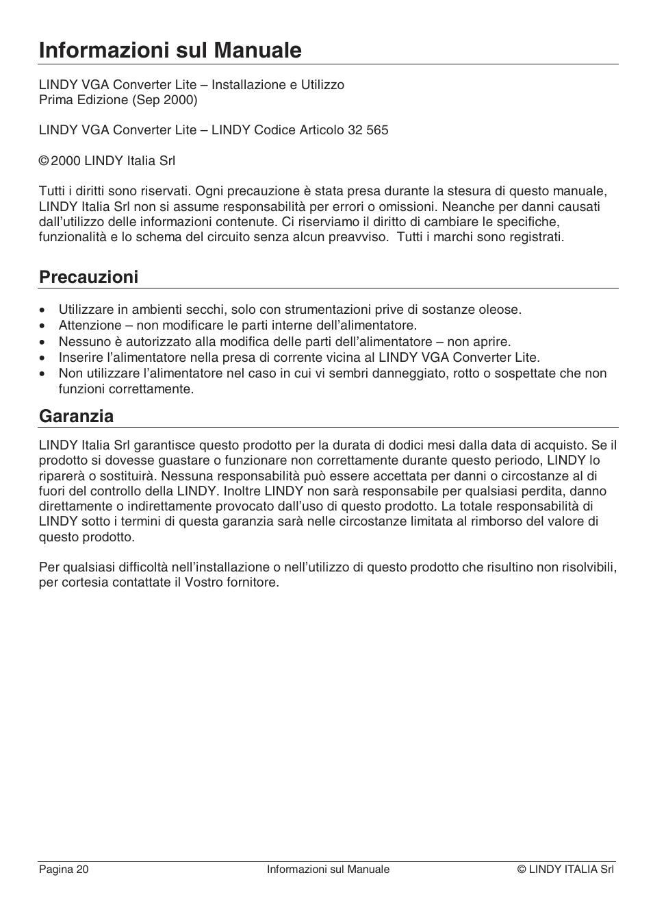 Informazioni sul manuale, Precauzioni, Garanzia | Lindy 32565 User Manual | Page 24 / 29