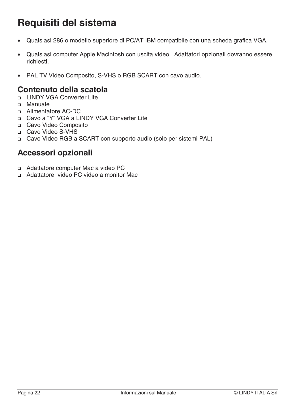 Requisiti del sistema, Contenuto della scatola, Accessori opzionali | Lindy 32565 User Manual | Page 26 / 29