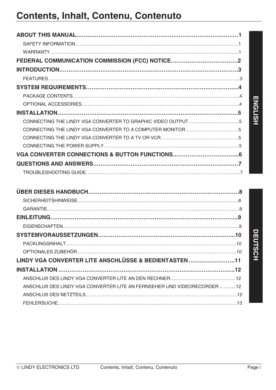 Contents, inhalt, contenu, contenuto, En gl is h de ut s ch | Lindy 32565 User Manual | Page 3 / 29