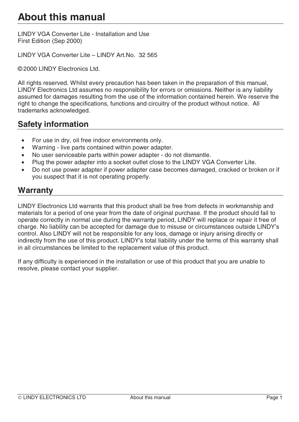 About this manual, Safety information, Warranty | Lindy 32565 User Manual | Page 5 / 29