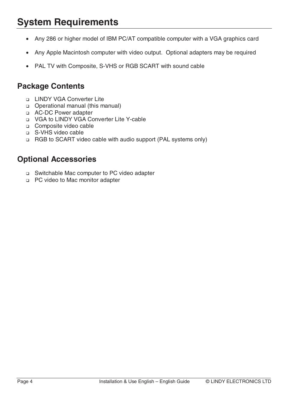 System requirements, Package contents, Optional accessories | Lindy 32565 User Manual | Page 8 / 29