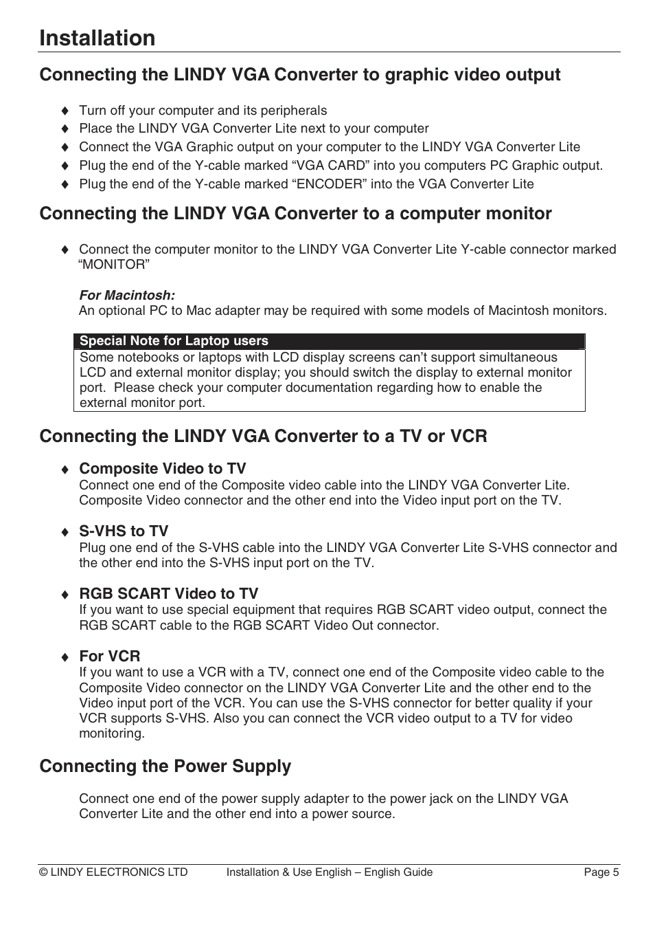 Installation, Connecting the lindy vga converter to a tv or vcr, Connecting the power supply | Lindy 32565 User Manual | Page 9 / 29