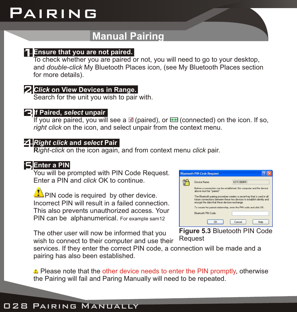 Manual pairing, Pairing, Accepting a pairing receiving a pariring | Lindy USB Bluetooth Adaptor User Manual | Page 26 / 33
