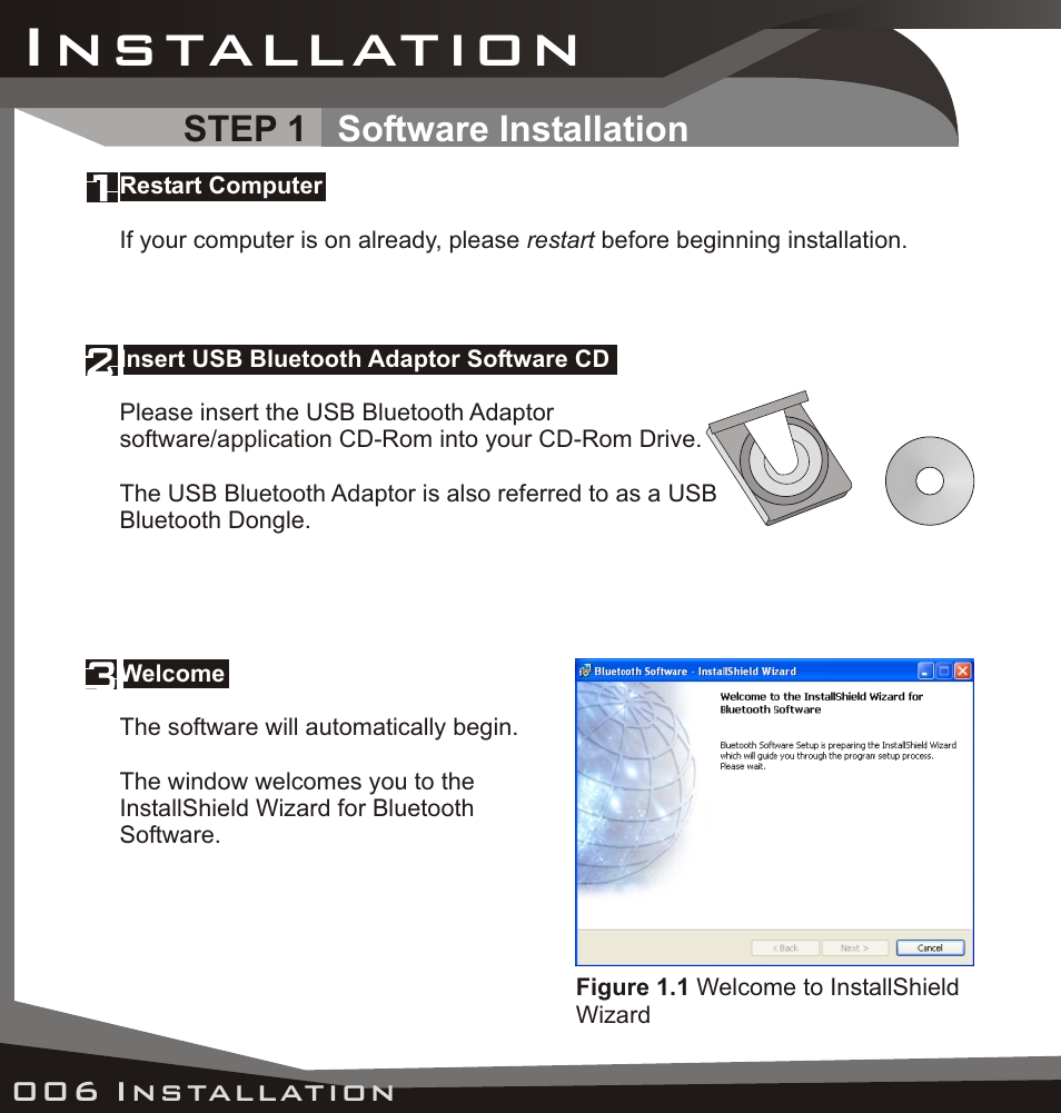 Installation, Step 1 software installation, 006 installation | Installation 007 | Lindy USB Bluetooth Adaptor User Manual | Page 4 / 33