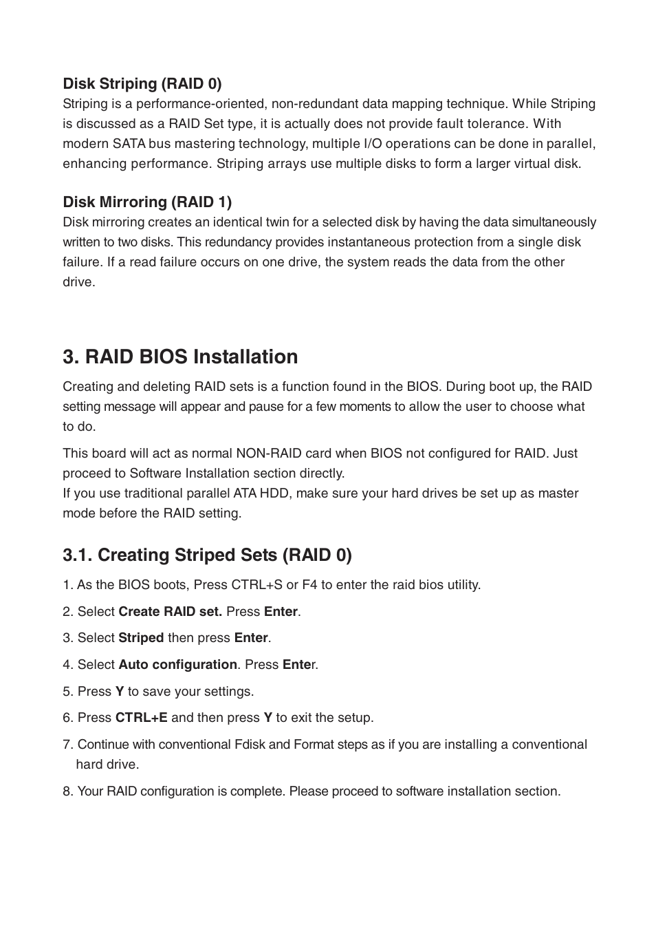 Raid bios installation, Creating striped sets (raid 0) | Lindy 70538 User Manual | Page 4 / 12