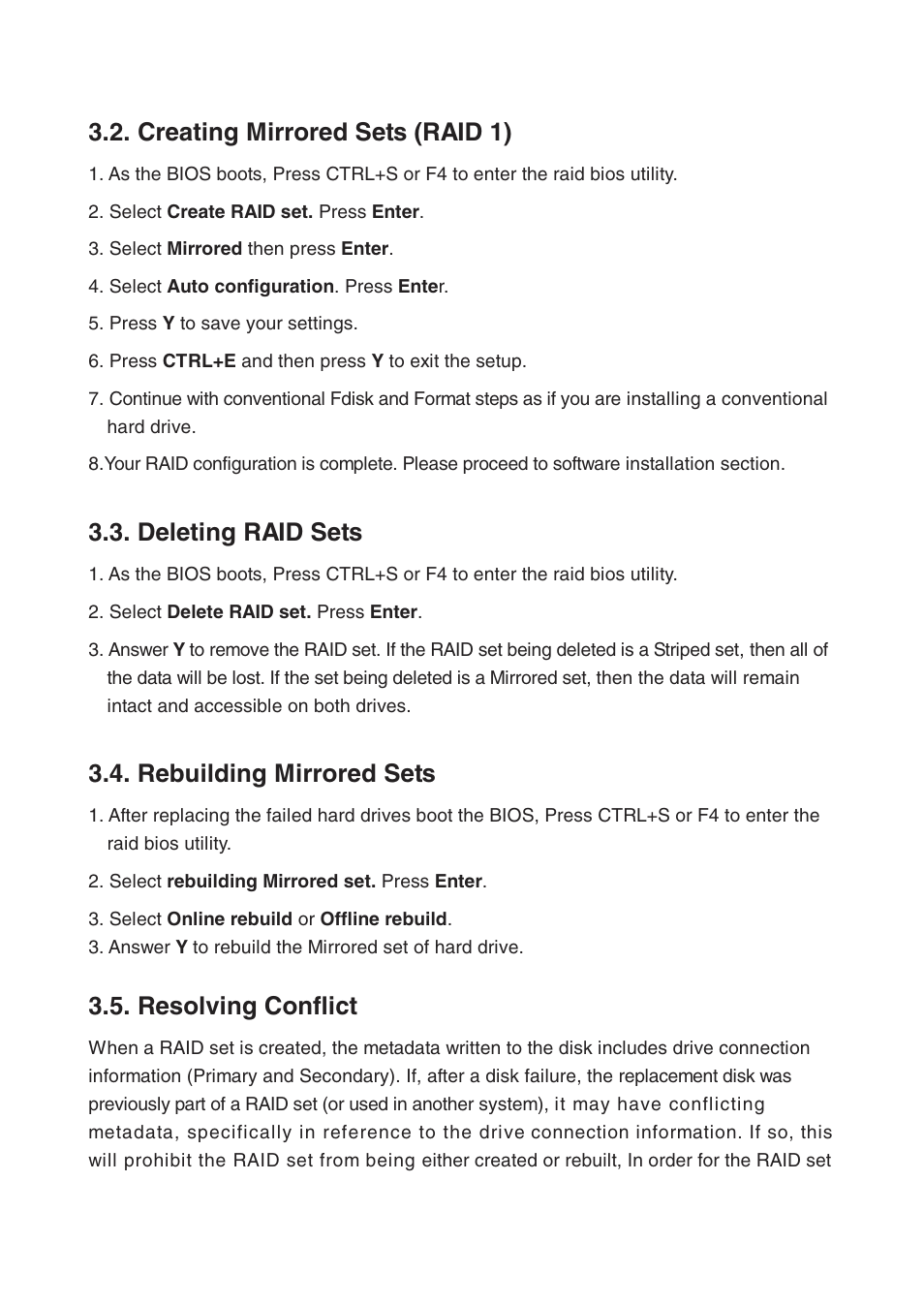 Creating mirrored sets (raid 1), Deleting raid sets, Rebuilding mirrored sets | Resolving conflict | Lindy 70538 User Manual | Page 5 / 12