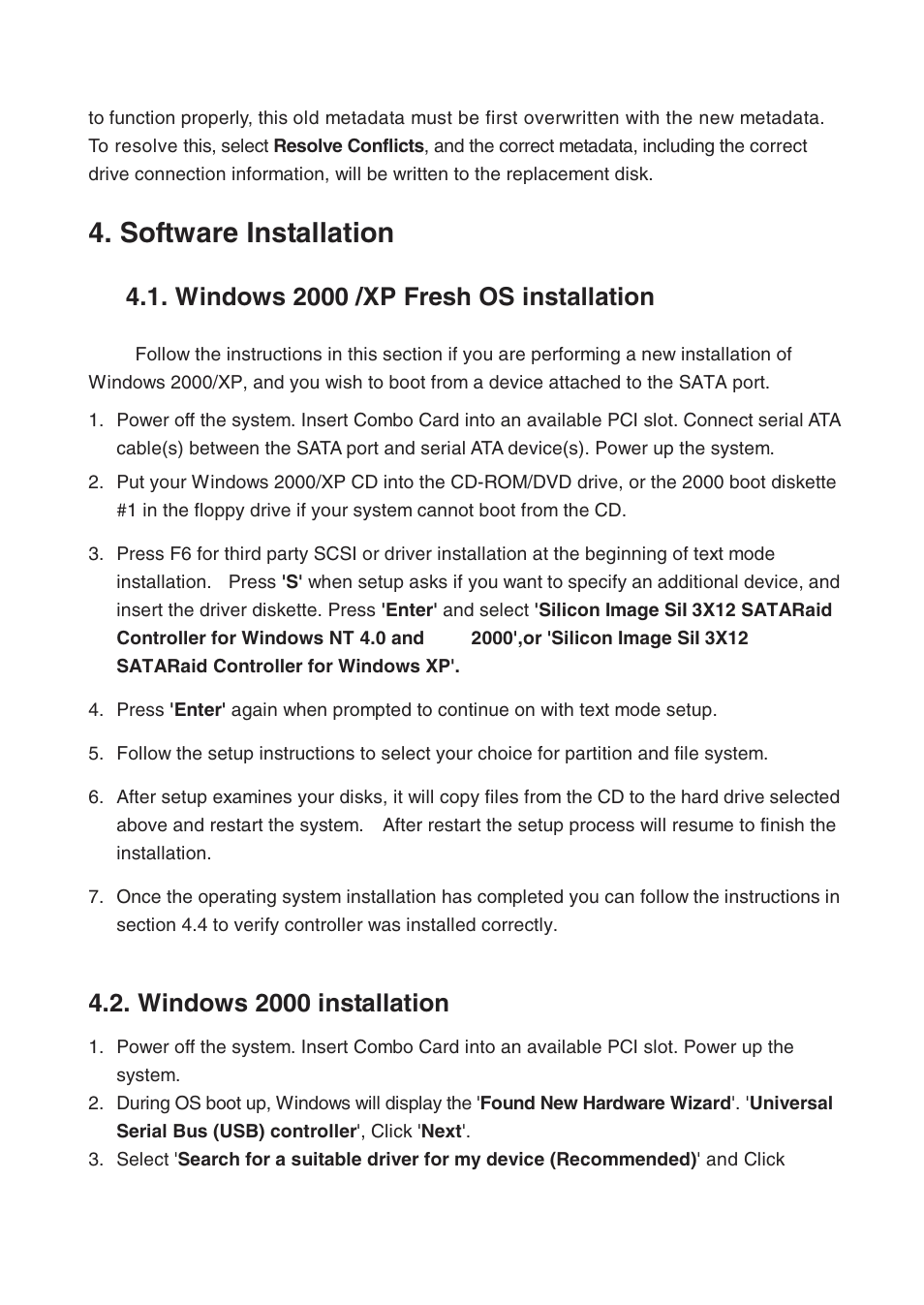 Software installation, Windows 2000 /xp fresh os installation, Windows 2000 installation | Lindy 70538 User Manual | Page 6 / 12