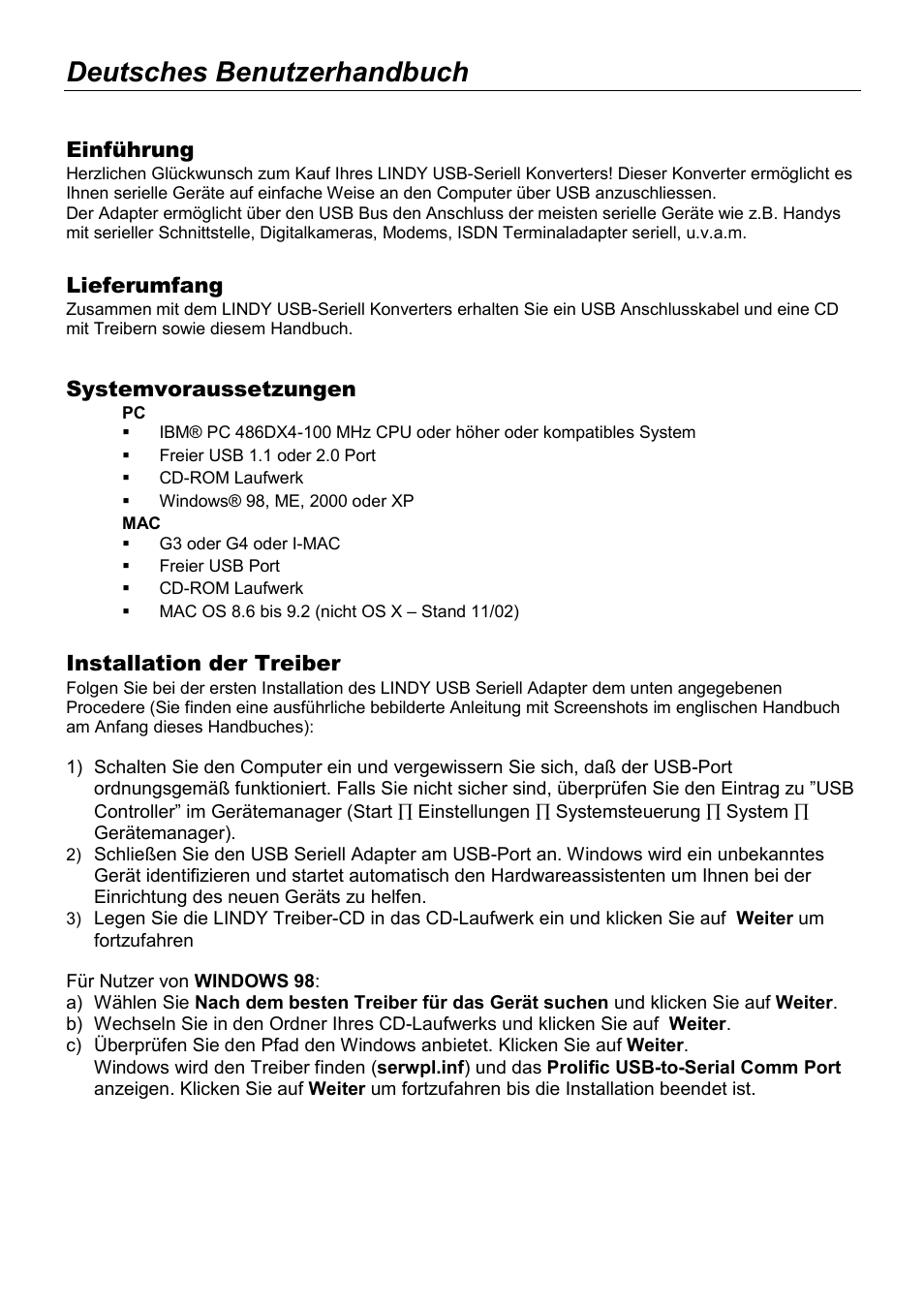 Deutsches benutzerhandbuch, Einführung, Lieferumfang | Systemvoraussetzungen, Installation der treiber | Lindy 42856 User Manual | Page 19 / 27