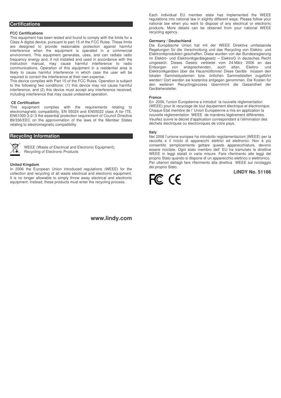 Certifications, Recycling information | Lindy 51186 User Manual | Page 2 / 2