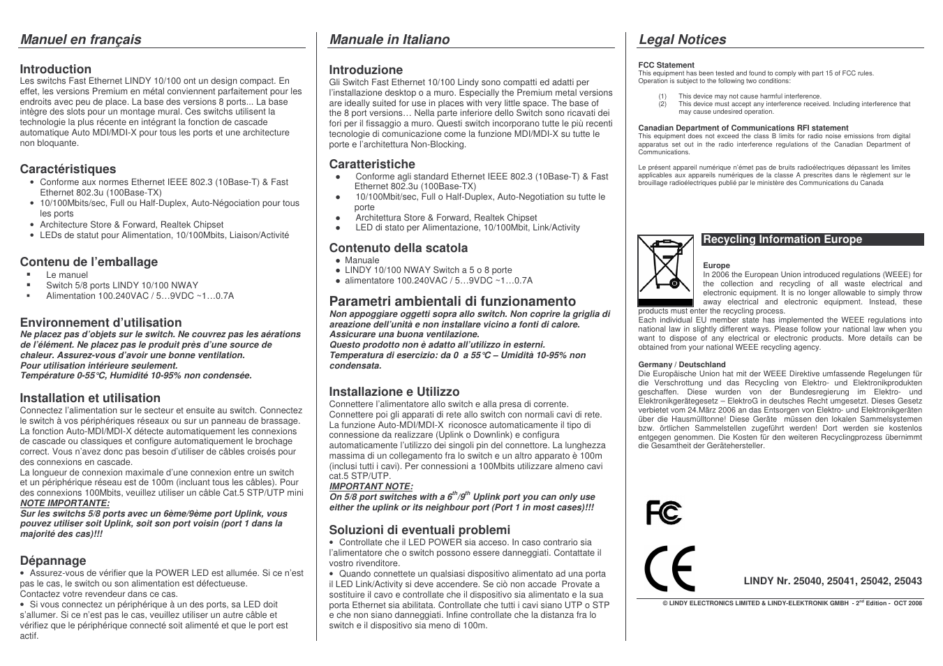 Manuel en français, Manuale in italiano, Parametri ambientali di funzionamento | Legal notices | Lindy 25041 User Manual | Page 2 / 2
