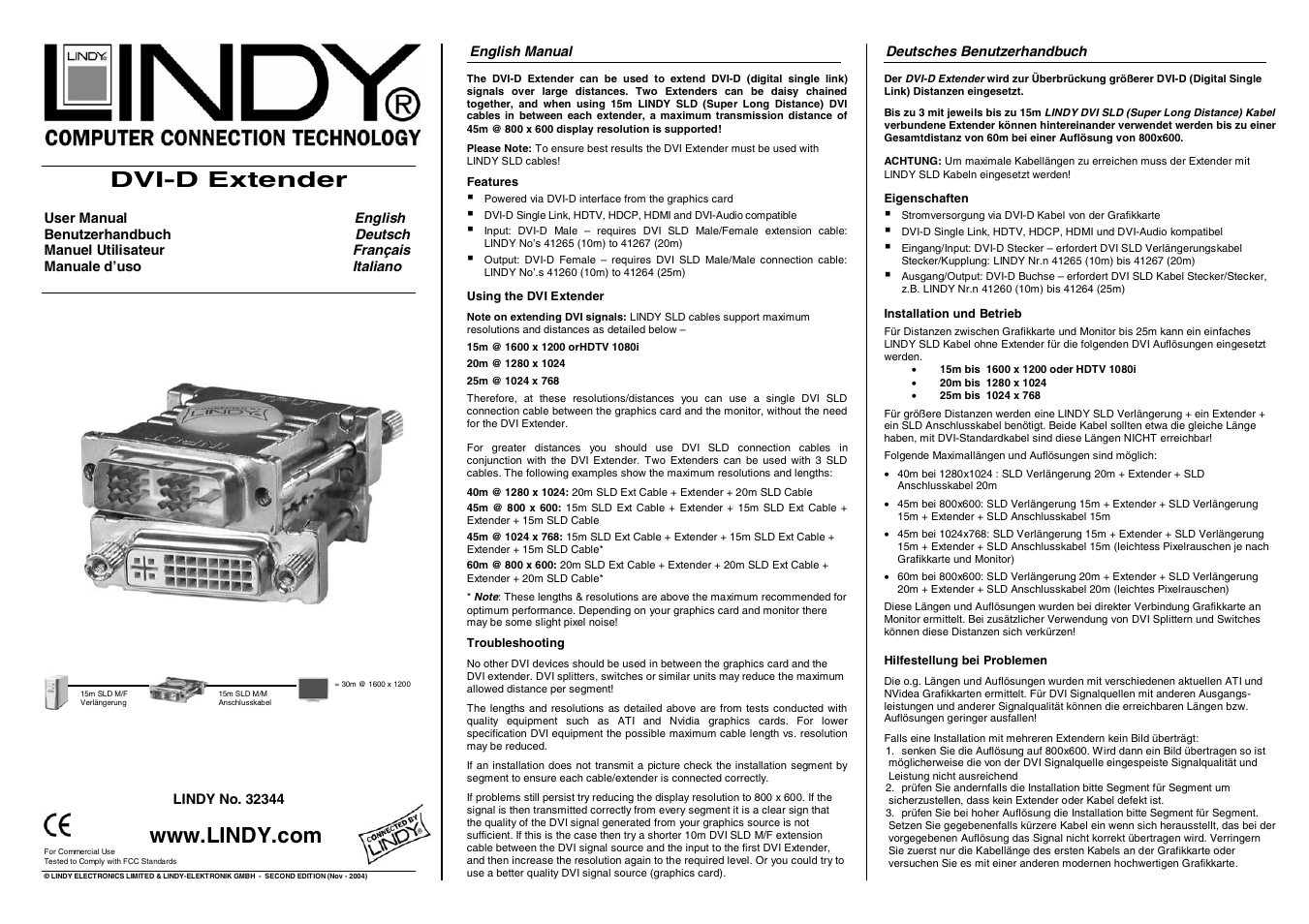 Lindy DVI-D EXTENDER 32344 User Manual | 2 pages