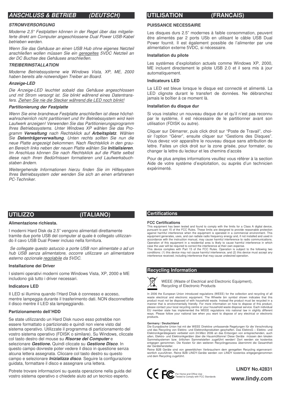 Anschluss & betrieb (deutsch), Utilisation (francais), Utilizzo (italiano) | Lindy 42831 User Manual | Page 2 / 2