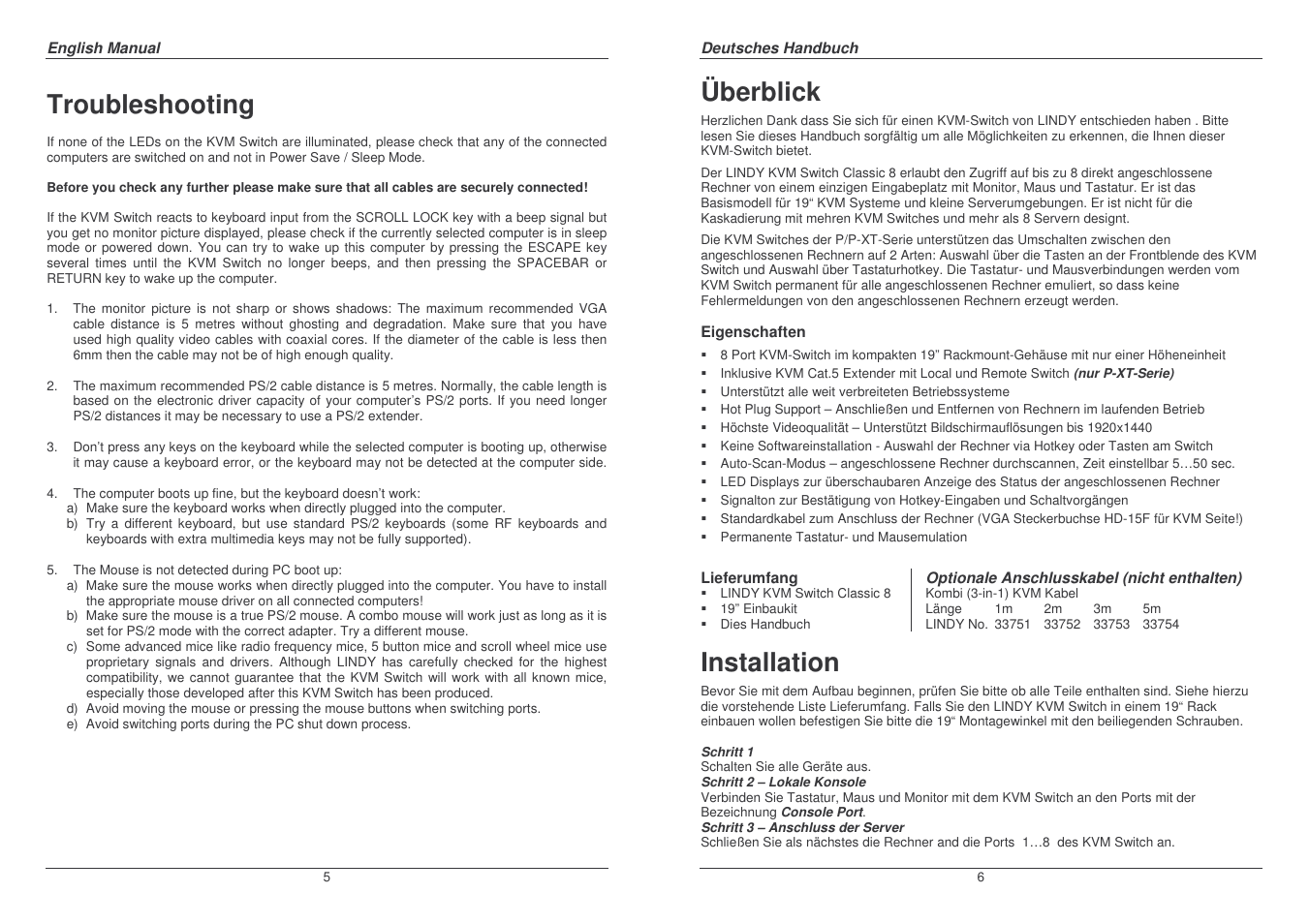 Troubleshooting, Überblick, Installation | Lindy Computer Accessories User Manual | Page 3 / 8