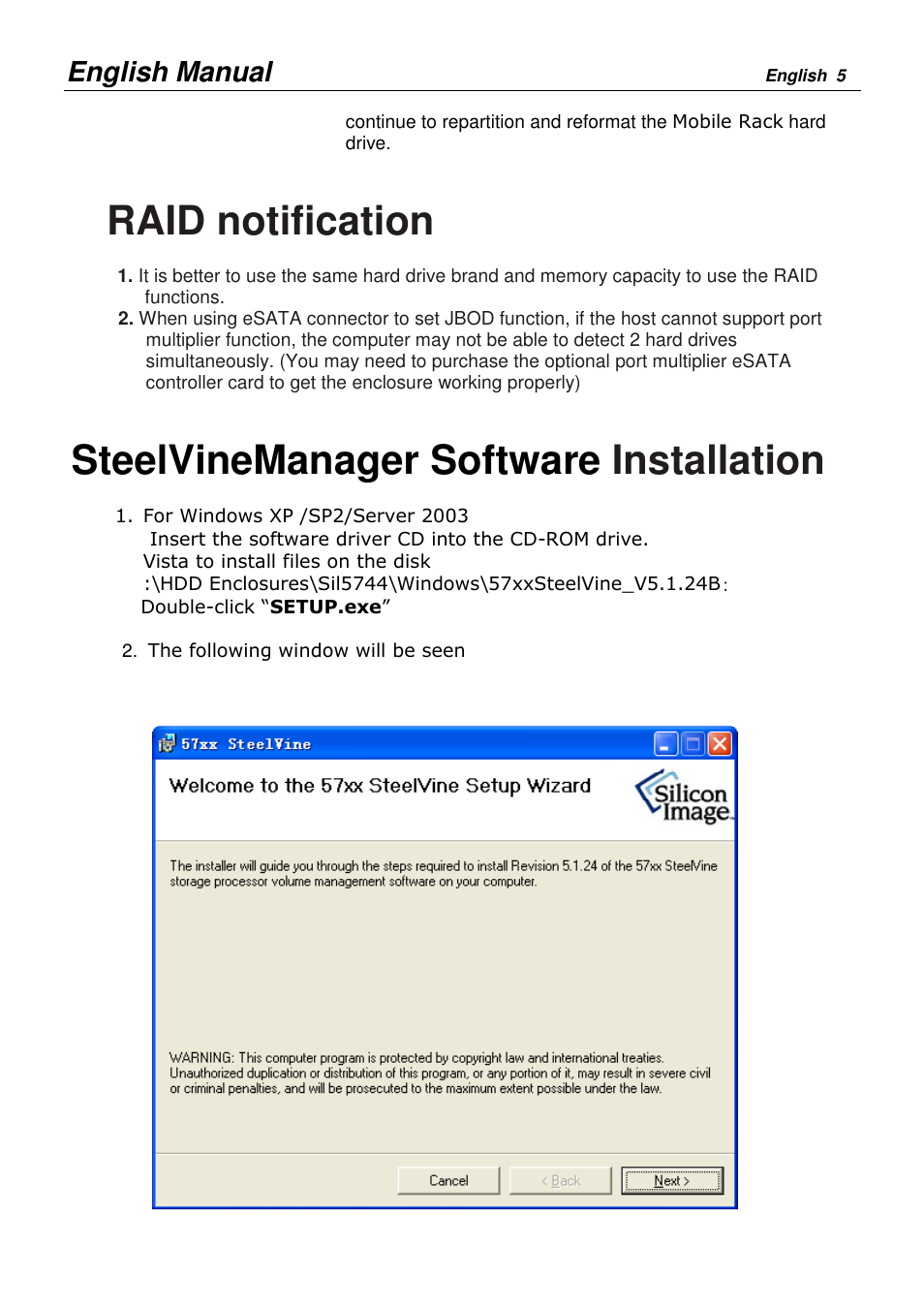 Raid notification, Steelvinemanager software installation, English manual | Lindy 20288 User Manual | Page 5 / 12