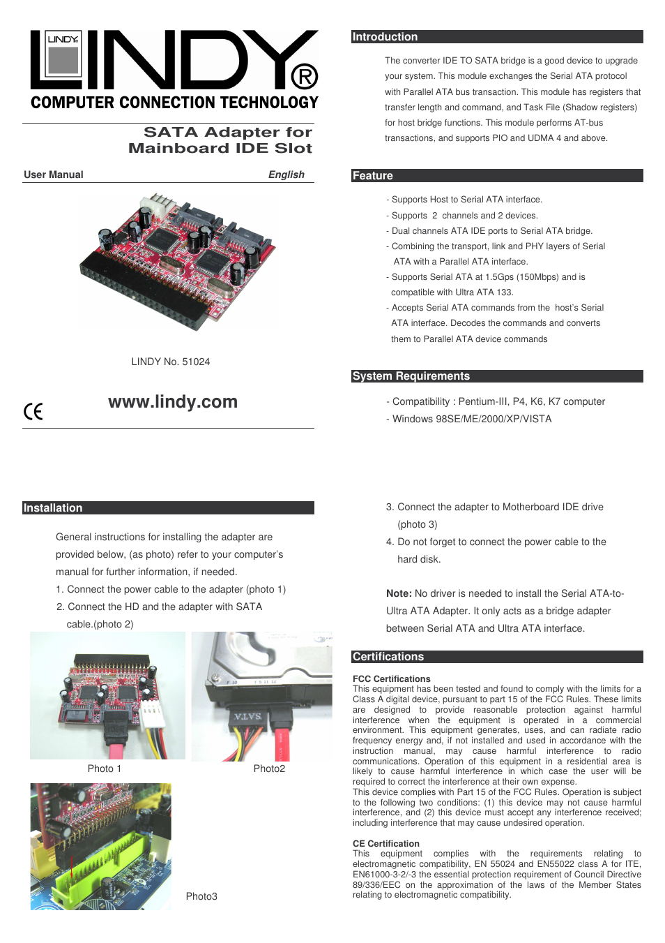 Lindy SATA 51024 User Manual | 2 pages