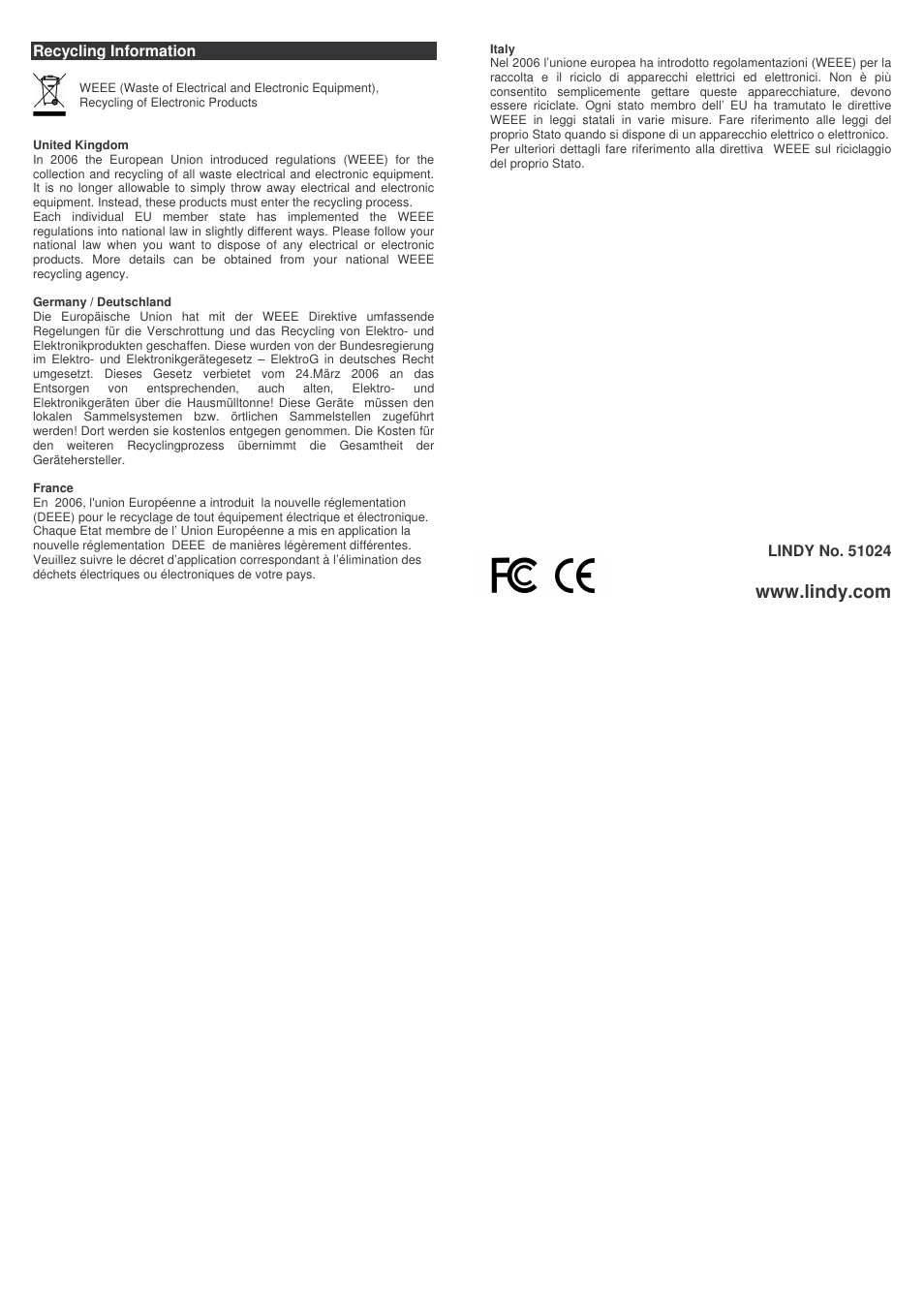 Recycling information | Lindy SATA 51024 User Manual | Page 2 / 2