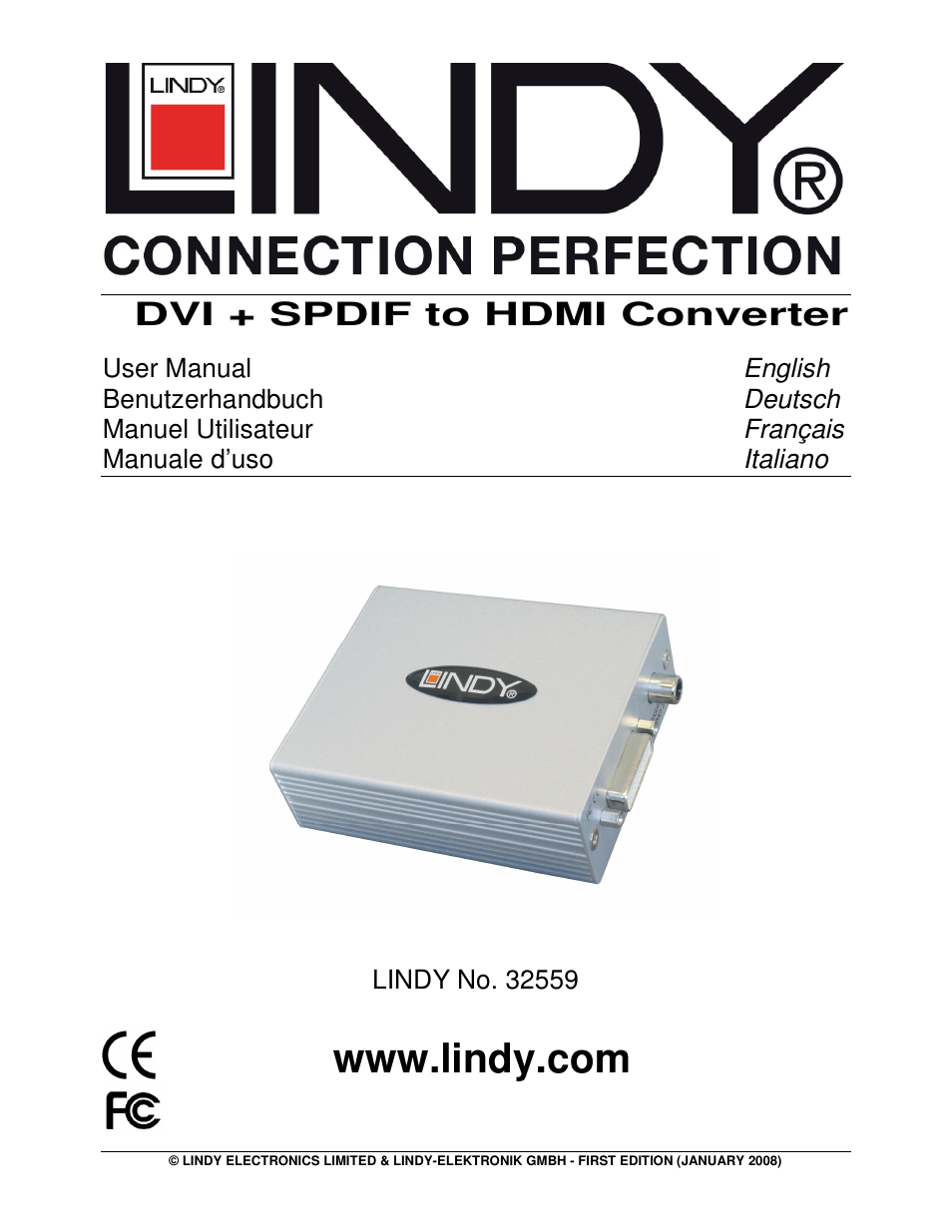 Lindy DVI + SPDIF to HDMI Converter 32559 User Manual | 8 pages