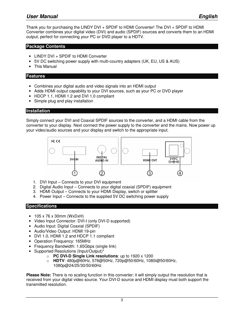 User manual english | Lindy DVI + SPDIF to HDMI Converter 32559 User Manual | Page 3 / 8