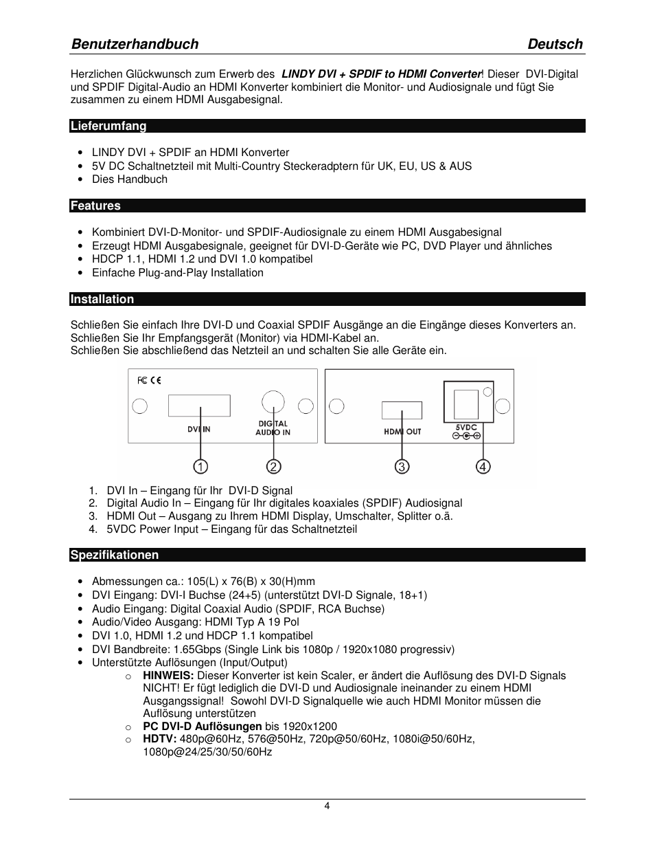 Benutzerhandbuch deutsch | Lindy DVI + SPDIF to HDMI Converter 32559 User Manual | Page 4 / 8