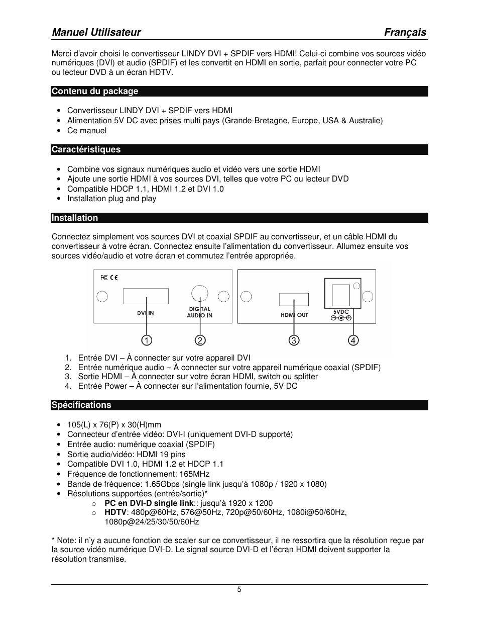Manuel utilisateur français | Lindy DVI + SPDIF to HDMI Converter 32559 User Manual | Page 5 / 8