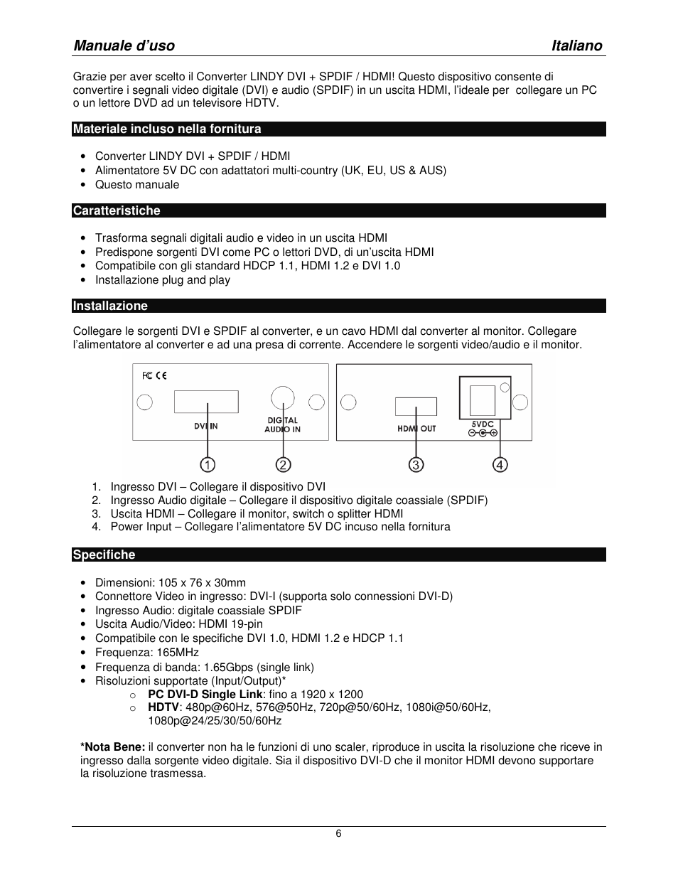 Manuale d’uso italiano | Lindy DVI + SPDIF to HDMI Converter 32559 User Manual | Page 6 / 8