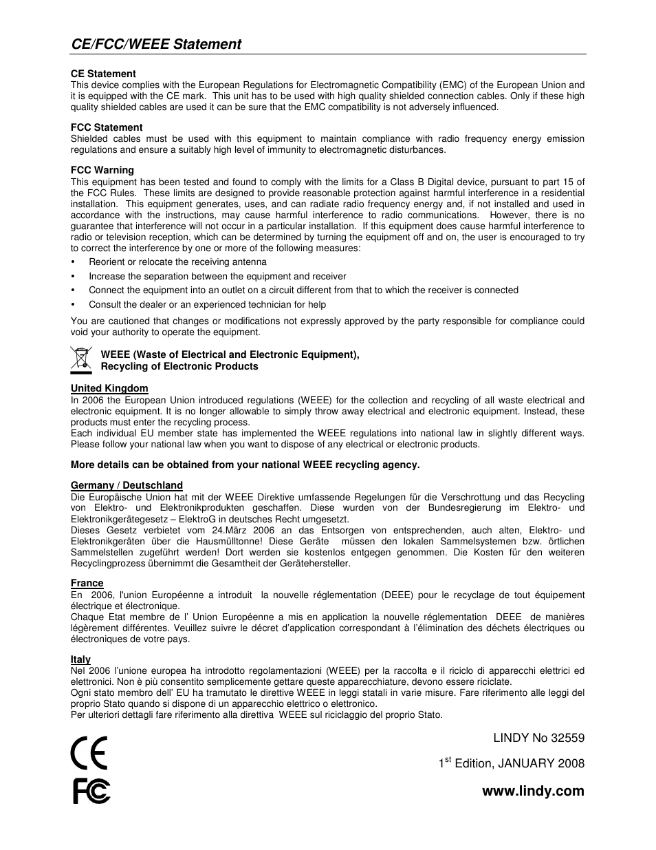 Ce/fcc/weee statement | Lindy DVI + SPDIF to HDMI Converter 32559 User Manual | Page 8 / 8