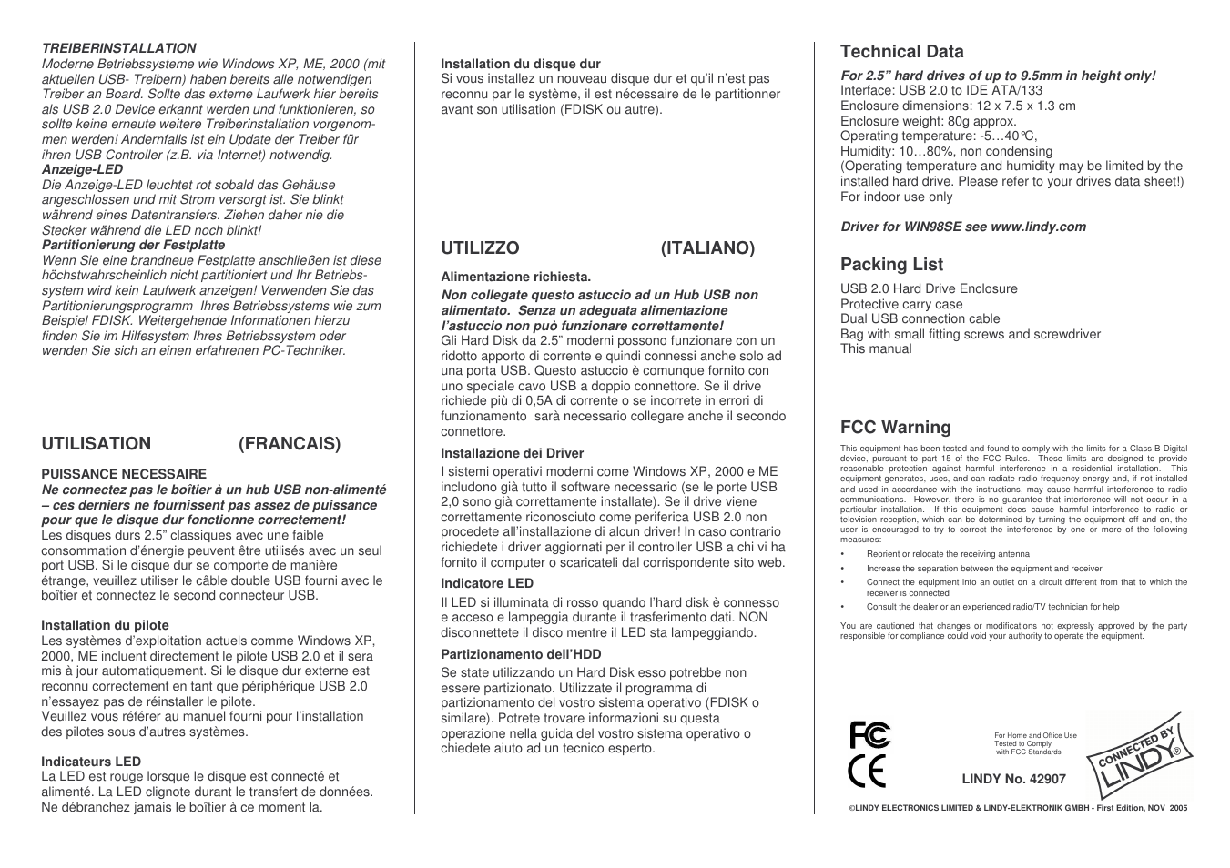 Utilisation (francais), Utilizzo (italiano), Technical data | Packing list, Fcc warning | Lindy 42907 User Manual | Page 2 / 2