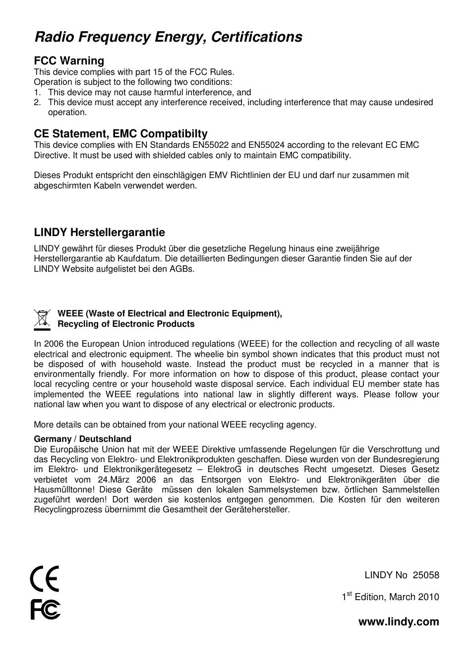 Radio frequency energy, certifications | Lindy 25058 User Manual | Page 5 / 5