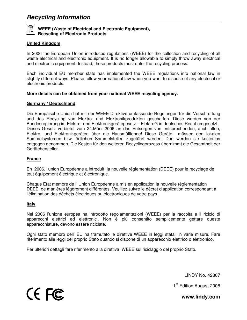 Recycling information | Lindy Network Device 42807v0 User Manual | Page 12 / 12